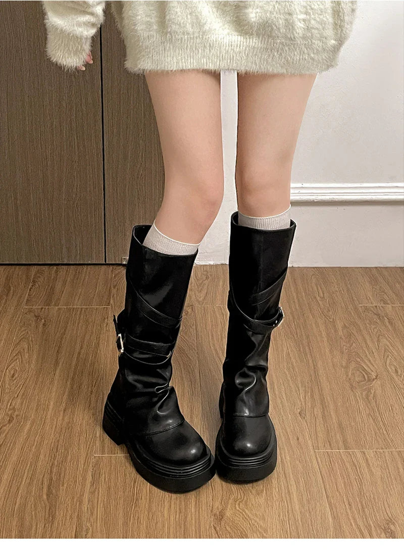 Vintage Thick Heel Women’s Knee-High Boots – Slip-On Fashion Booties for Autumn & Winter