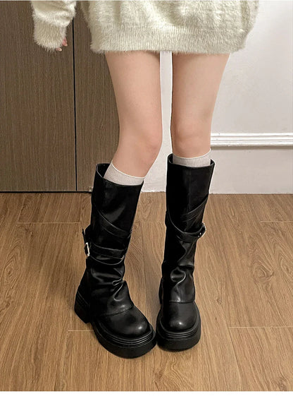 Vintage Thick Heel Women’s Knee-High Boots – Slip-On Fashion Booties for Autumn & Winter