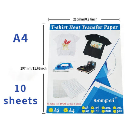 10 Sheets A4 Inkjet Heat Transfer Paper — Dark & Light Cotton T-Shirt Transfer Paper for 100% Cotton Fabric