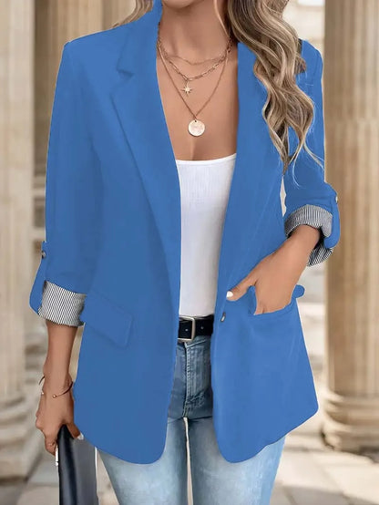 Women’s Casual Slim Fit Jacket - Rolled Sleeve Button Up Fashion Suit Blazer