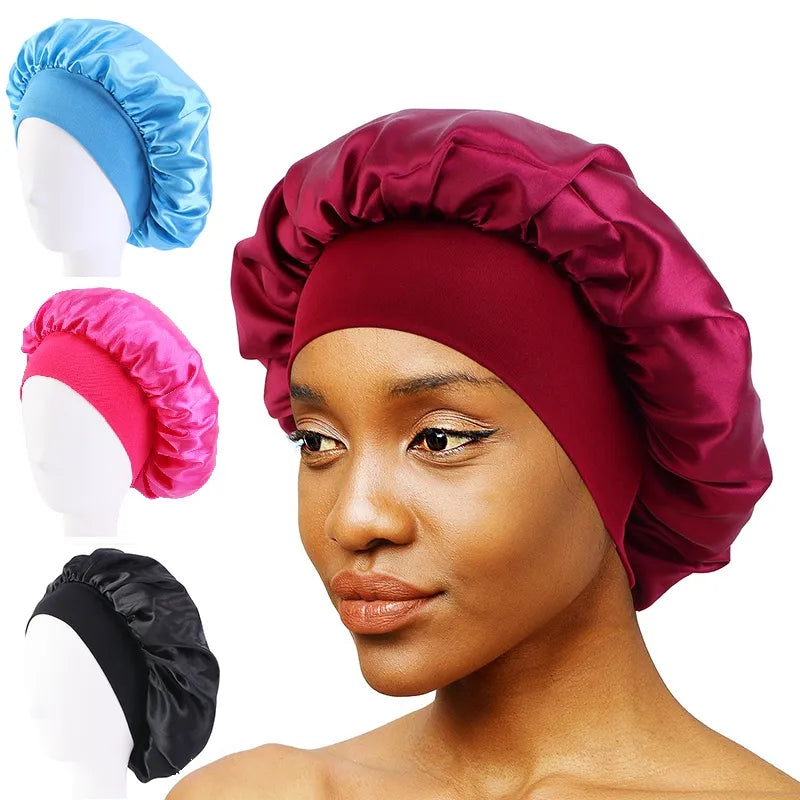 Ultimate Comfort: New Women's Satin Solid Wide-Brimmed Sleeping Hat - Unisex Elastic Band Cap for Hair Care - Bonnet de Nuit