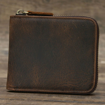 Men’s Genuine Leather Zipper Wallet – Compact Short Purse with Credit Card Slots, Cash & Coin Pocket