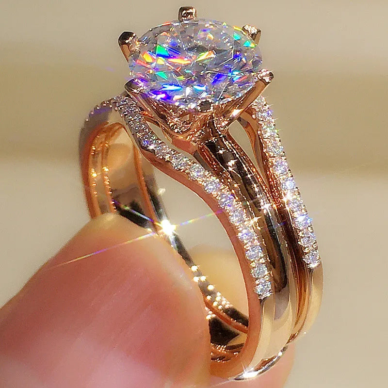 Huitan Rose Gold Cubic Zirconia Ring - Classic 6 Claw Solitaire Engagement Wedding Band Jewelry for Women