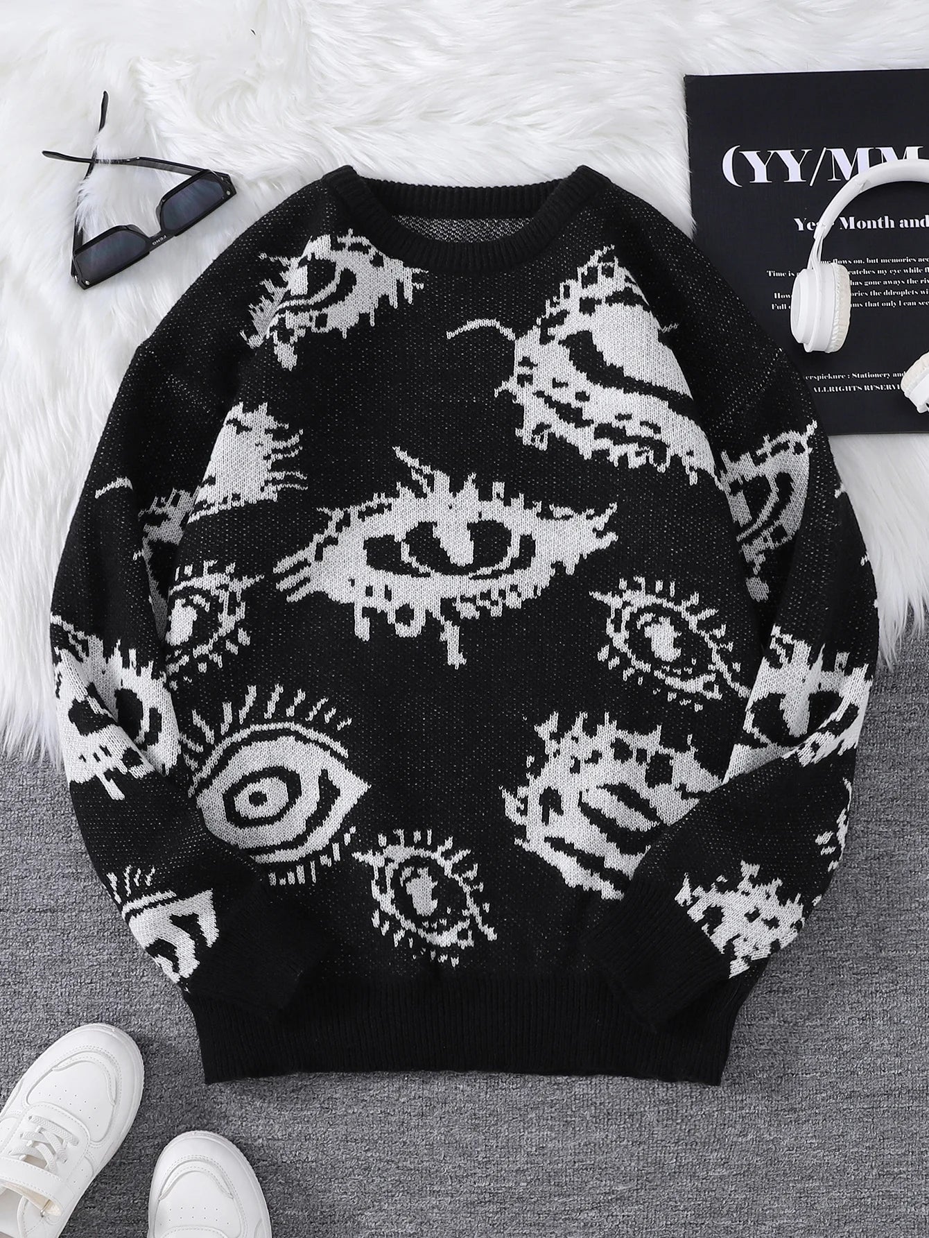 Men's Abstract Eye Jacquard Sweater - Round Neck Knitted Autumn Winter Casual Pullover Top