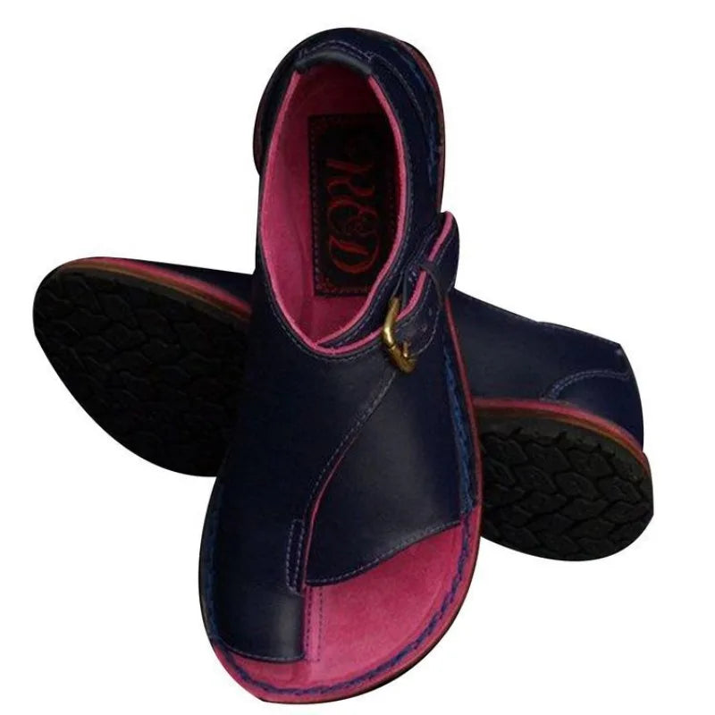 Women’s Retro Summer Sandals 2025 – PU Leather Peep Toe Flat Beach Slippers with Buckle Strap, Casual Comfort Shoes