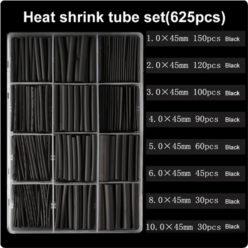 625pcs Heat Shrink Tubing Set – 2:1 Black Thermoresistant Polyolefin Sleeving for Wire & Cable Wrapping