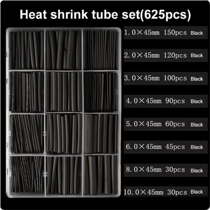 625pcs Heat Shrink Tubing Set – 2:1 Black Thermoresistant Polyolefin Sleeving for Wire & Cable Wrapping