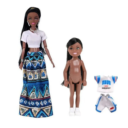 Kawaii African Girls Doll Set — 30cm Mother & 14cm Daughter with Clothes, DIY Kids Toy Birthday Gift