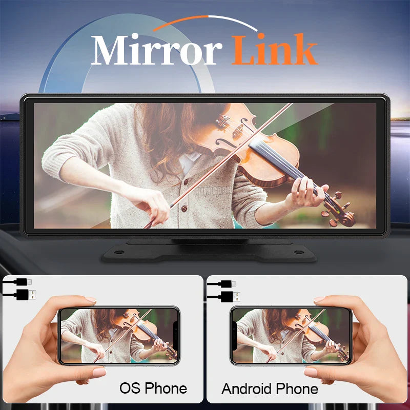 10.26" Car Mirror Radio Multimedia Player – Wireless CarPlay & Android Auto, Bluetooth, AUX, USB Screen