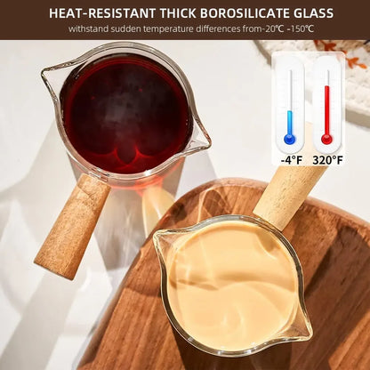Glass Measuring Cup with Wood Handle – Clear Espresso and Milk Coffee Mug with Double Spout