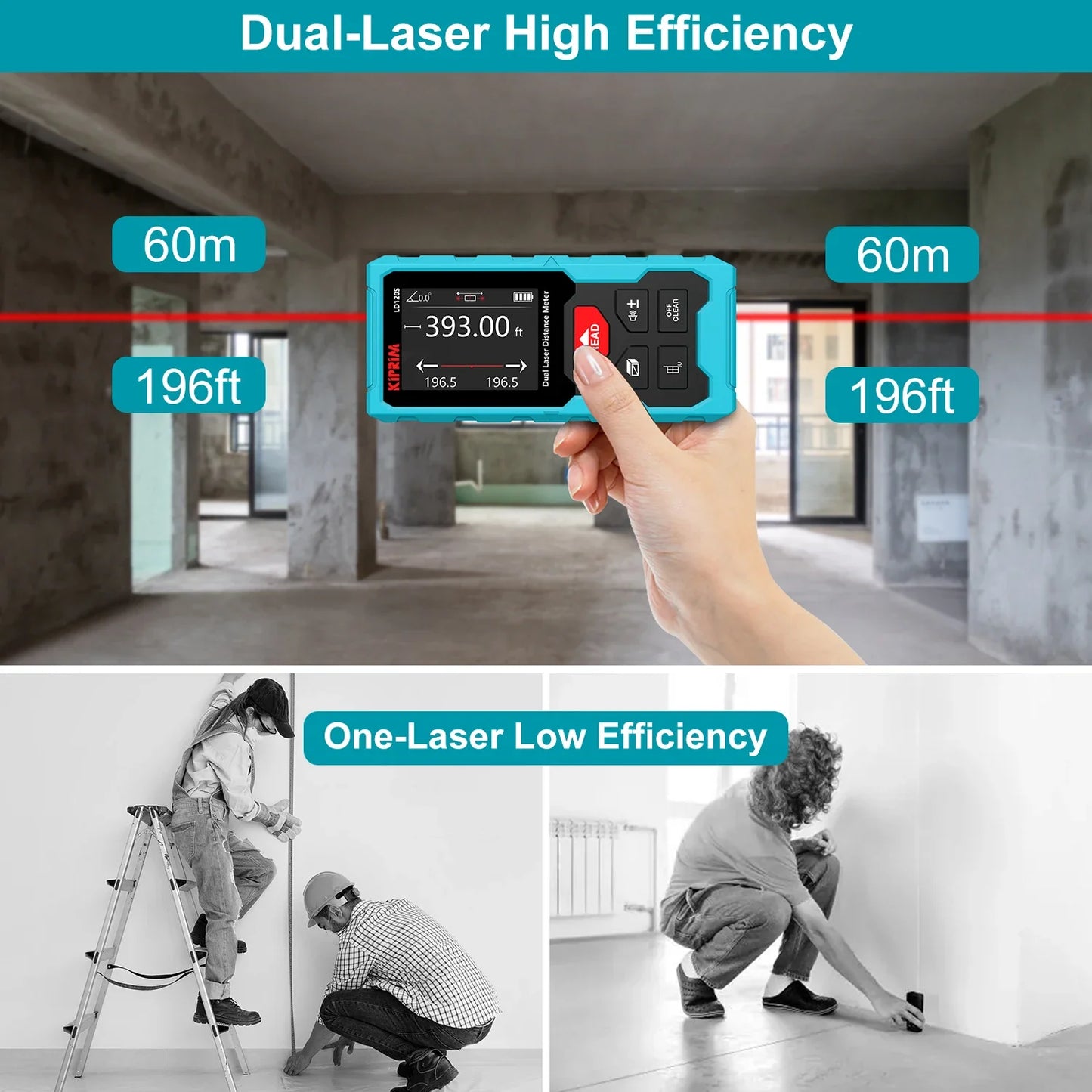 Kiprim Dual Laser Distance Meter, Rechargeable 120m Bilateral Laser Rangefinder, Digital Tape Measure with Angle Measurement Tool