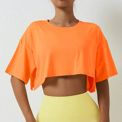 Women’s Cotton Crop Top Sports T-Shirt – Short Sleeve Yoga, Running & Gym Fitness Workout Shirt, Loose Fit Activewear