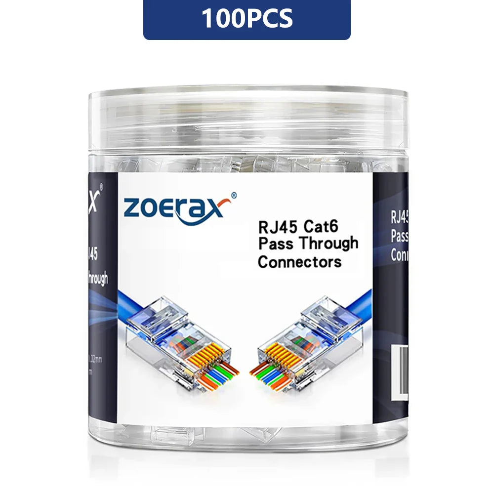 ZoeRax RJ45 Cat6 Pass-Through Connectors — 50/100/200PCS Modular Plugs 1.1mm | Solid & Stranded FTP/STP Cable