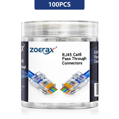 ZoeRax RJ45 Cat6 Pass-Through Connectors — 50/100/200PCS Modular Plugs 1.1mm | Solid & Stranded FTP/STP Cable