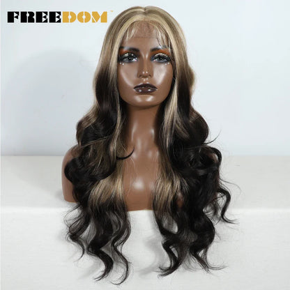 FREEDOM 26-Inch Synthetic Lace Front Wig for Women — Honey Brown Body Wave with Ombre Blonde Highlights, Cosplay & Fashion Wig