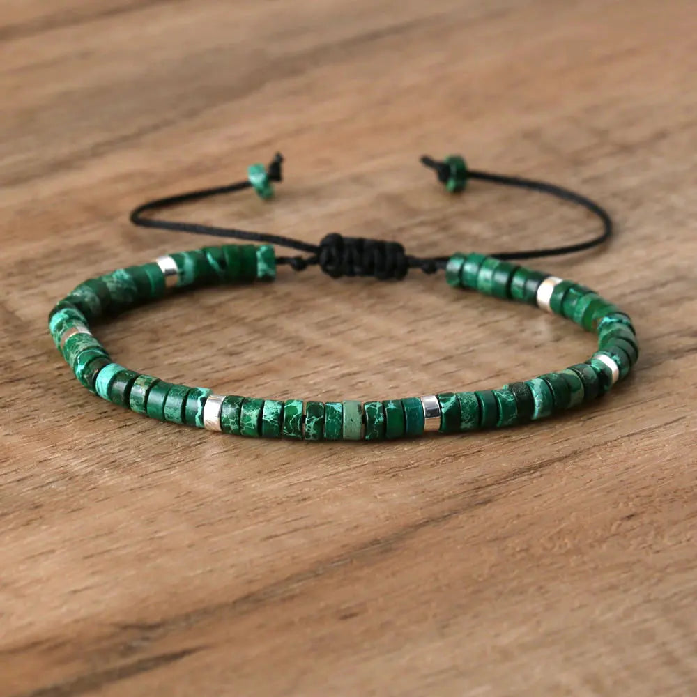 Natural Blue Emperor Stone Beaded Bracelet – Polished Block Beads, Adjustable Woven Rope Women’s Gift Jewelry