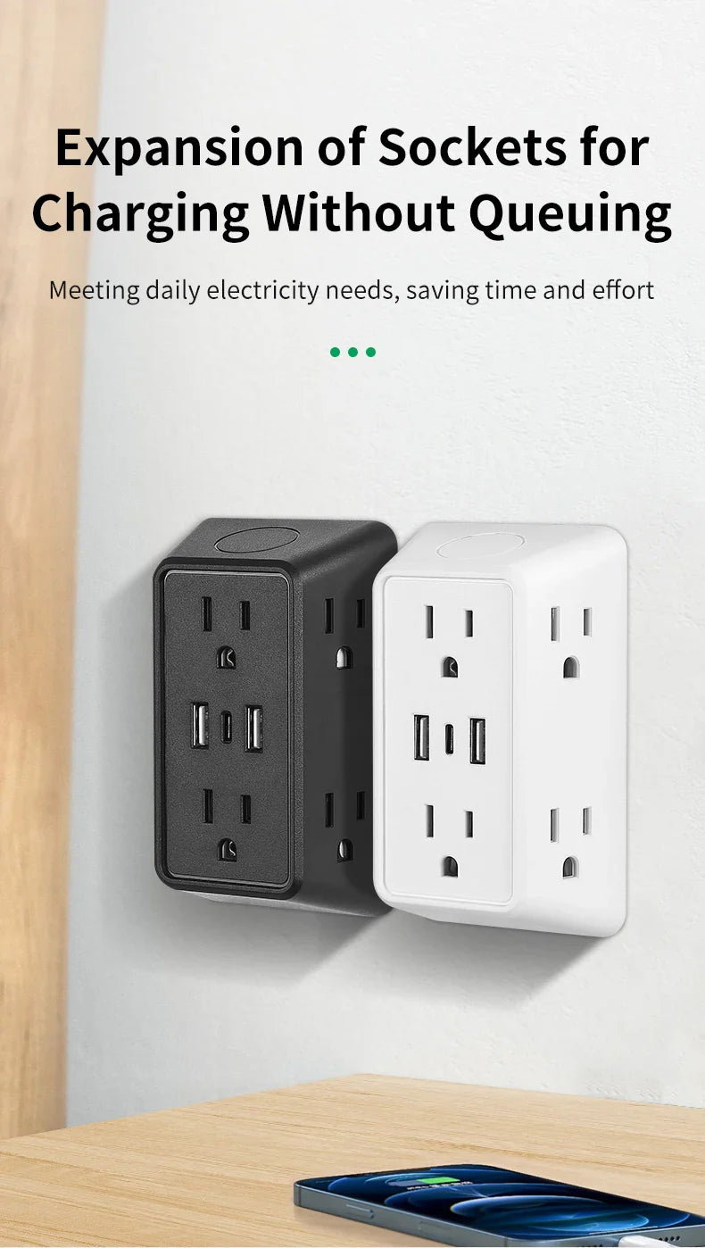 9-in-1 Power Strip – 2 USB Sockets, 1 Type-C Socket, 6 AC Sockets, Compact Wall Plug Power Expander
