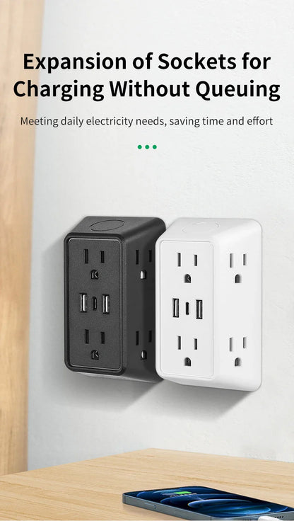 9-in-1 Power Strip – 2 USB Sockets, 1 Type-C Socket, 6 AC Sockets, Compact Wall Plug Power Expander