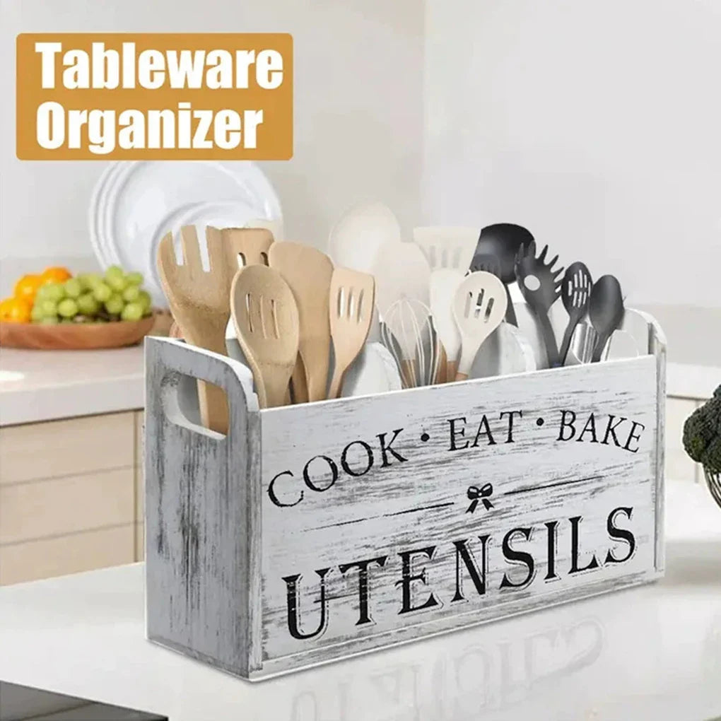 Wood Kitchen Utensil Holder Organizer – 3 Compartment Tableware Stand with Drainage Holes for Cutlery, Snack Bar & Kitchen Storage Use