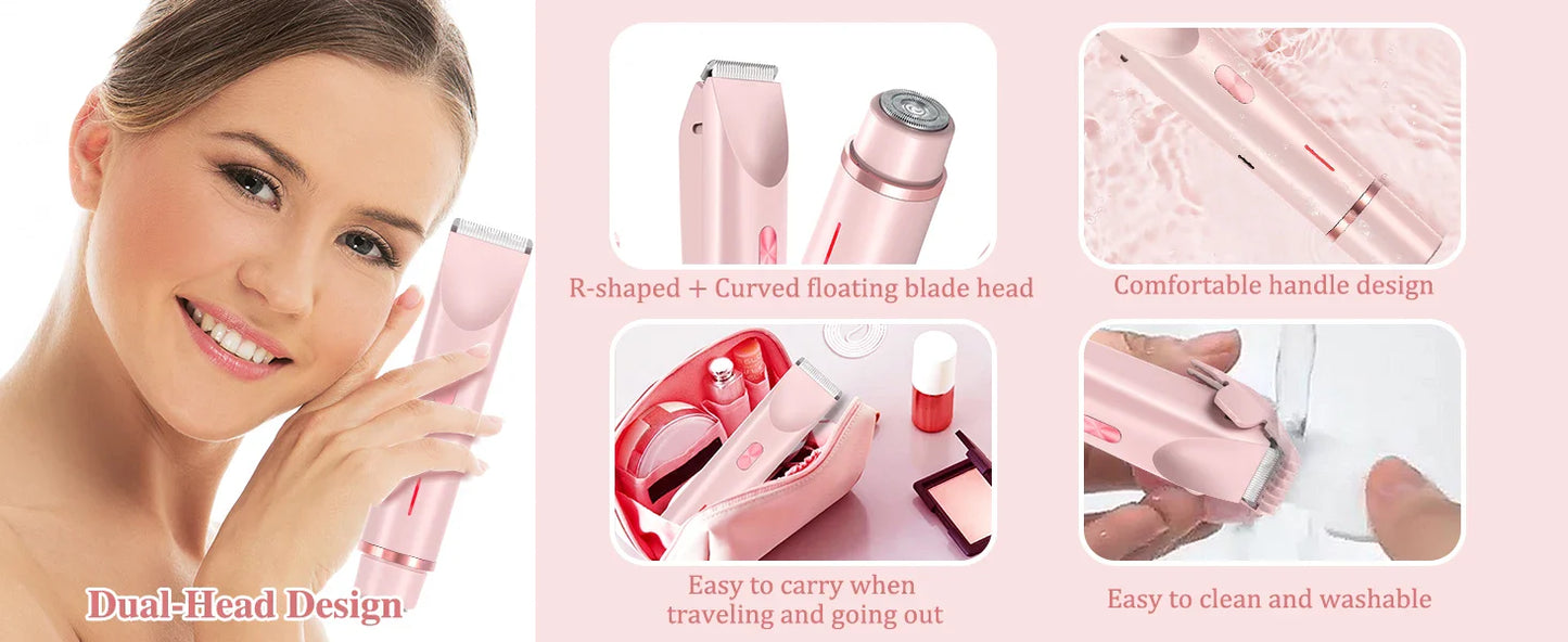 2-in-1 Dual-Head Electric Razor for Women – Painless Bikini Trimmer Wet & Dry Use with Detachable Heads