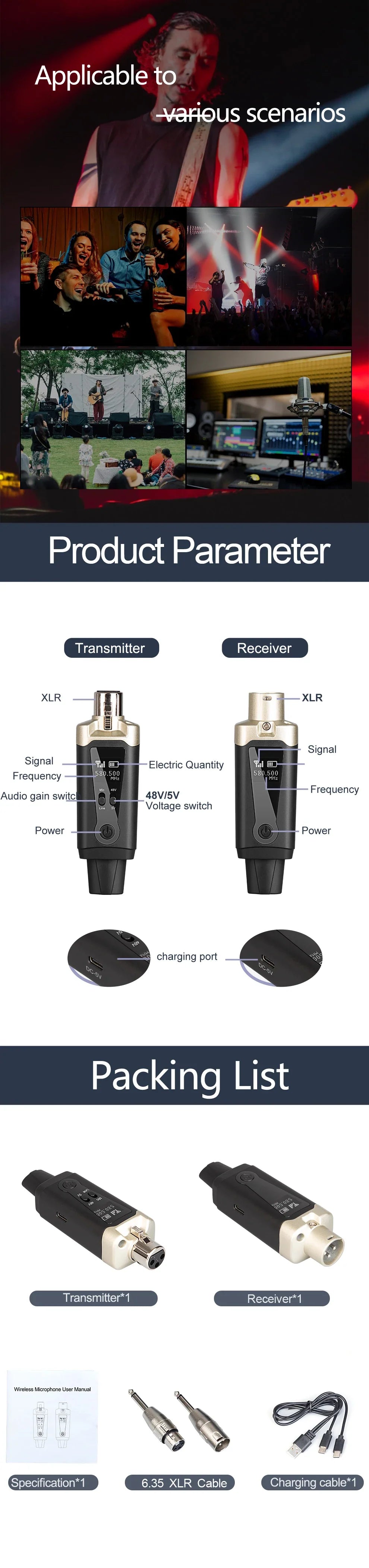 Wireless Microphone System with XLR Converter Adapter – UHF Automatic Transmitter for Condenser & Dynamic Mics