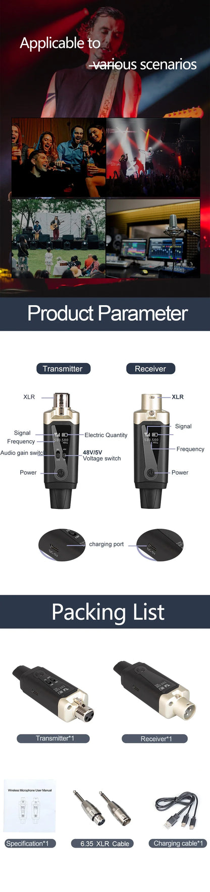 Wireless Microphone System with XLR Converter Adapter – UHF Automatic Transmitter for Condenser & Dynamic Mics