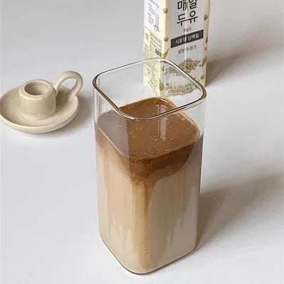 Square Heat-Resistant Coffee Glass Cup with Lid and Straw - Transparent Milk Tea, Juice, and Coffee Mug for Home Bar Drinkware
