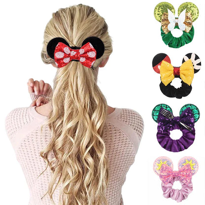 Disney Mouse Ears Velvet Scrunchies: Elastic Ponytail Holder with Sequin Bow - Perfect Hair Accessories for Women, Girls, and Kids' Parties