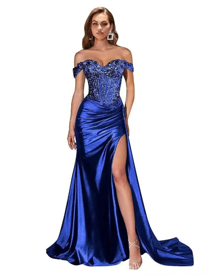 Women’s Dark Navy Off-Shoulder Prom Dress — Sweetheart Beaded Lace Corset Evening Gown with High Side Slit 2025