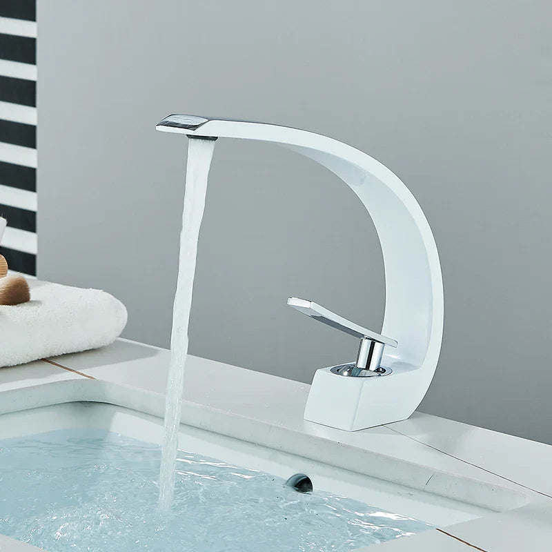 Brass Bathroom Faucet - Single Handle Basin Sink Mixer Tap with Hot & Cold Water, Beautiful Curve Design, Deck Installation