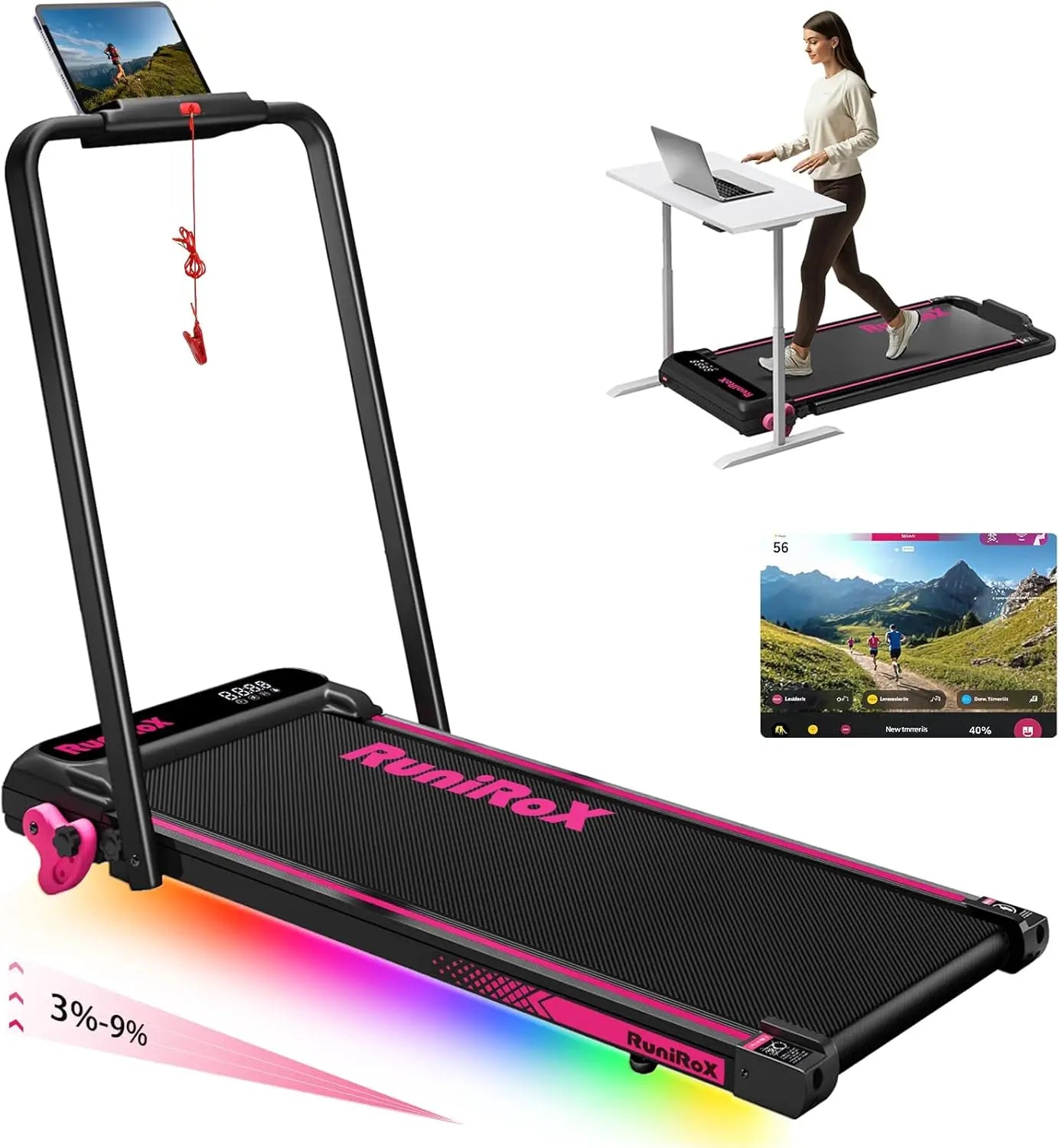 3-in-1 Under Desk Treadmill with Incline & LED Lights – Portable Home Office Treadmill with APP Control & Display