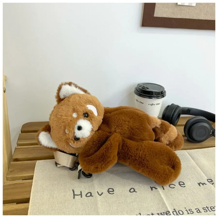 Red Panda Plush Backpack, Cute Plushie Doll Crossbody, Soft Fur Shoulder Bag for Women, Camping, Travel, Party, Birthday Gift