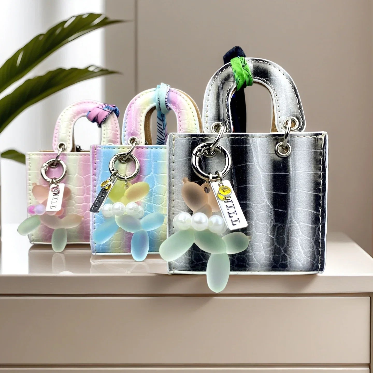 Mini PU Leather Rainbow Bag Charm - Gradient Balloon Dog Keychain Holder for Earbuds, Charger Cable & Gifts