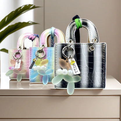 Mini PU Leather Rainbow Bag Charm - Gradient Balloon Dog Keychain Holder for Earbuds, Charger Cable & Gifts