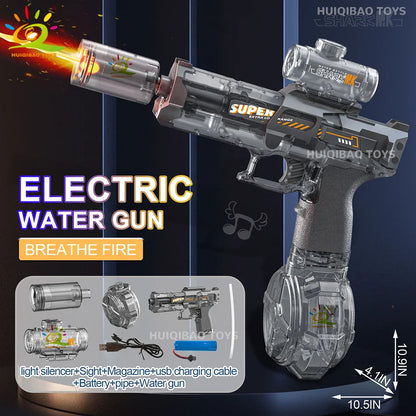 HUIQIBAO Electric Pulse Water Gun with LED Flame Effect – Automatic Sensor Water Pistol Outdoor Beach & Summer Battle Toy for Kids & Adults