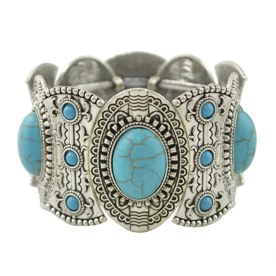 Gypsy Boho Tibetan Turquoise Bracelet for Women & Men – Vintage Elastic Ethnic Bangle Jewelry