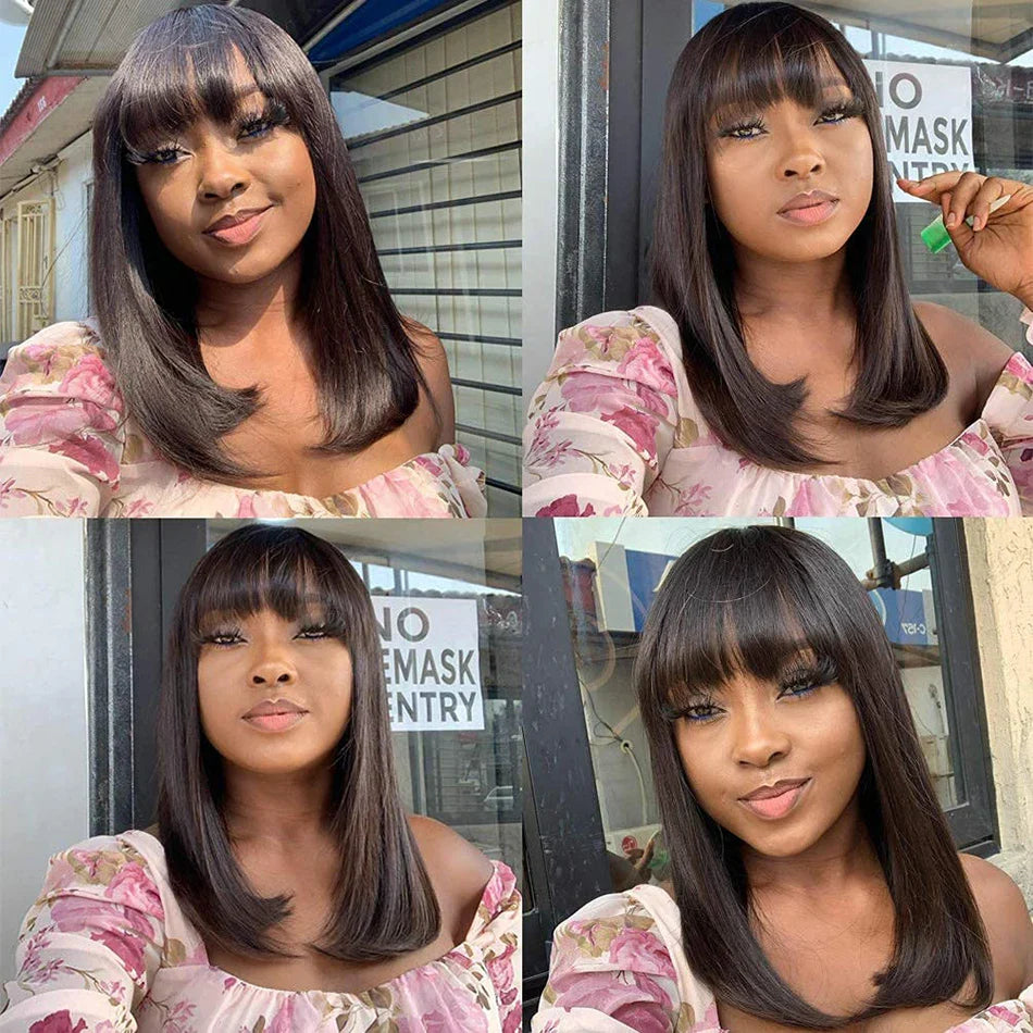 3-in-1 Middle Part Bob Lace Wig — Straight Short Human Hair with Bangs, Machine Made for Women