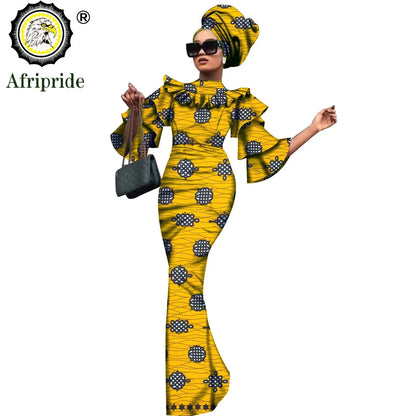 African Bazin Riche 2-Piece Dress Set - Plus Size Bodycon Dress with Headwrap for Women
