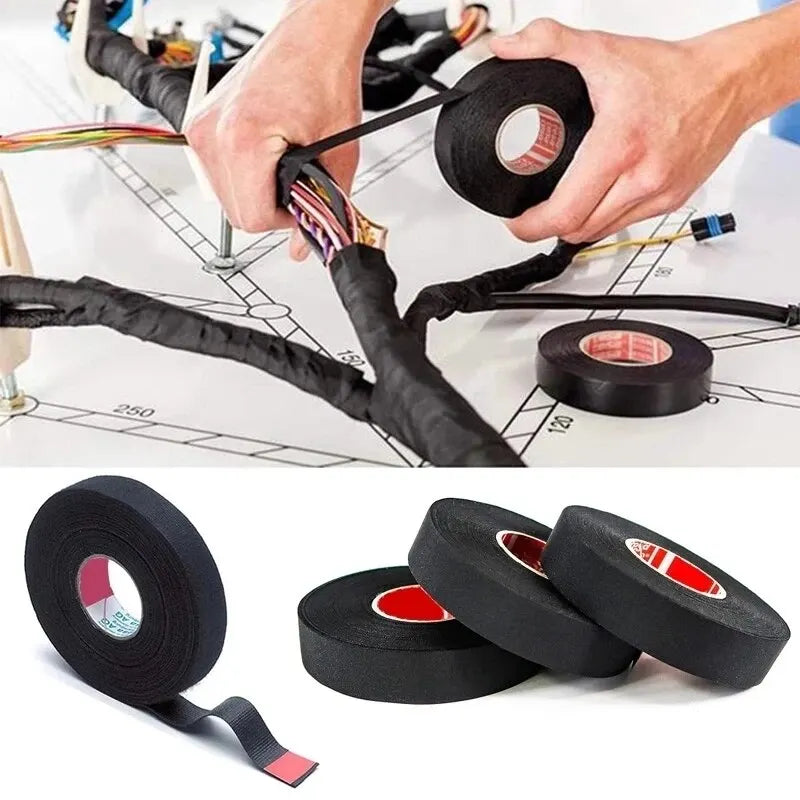 15M Heat-Resistant Flame Retardant Cloth Tape – Coroplast Adhesive Wiring Loom Protection for Car Cable Harness