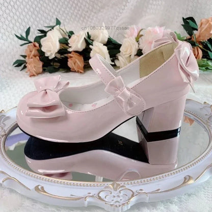2024 Lolita Style Round Toe Mary Jane Pumps – Cute Bow Midi Heels for Women, Sweet Party PU Shoes