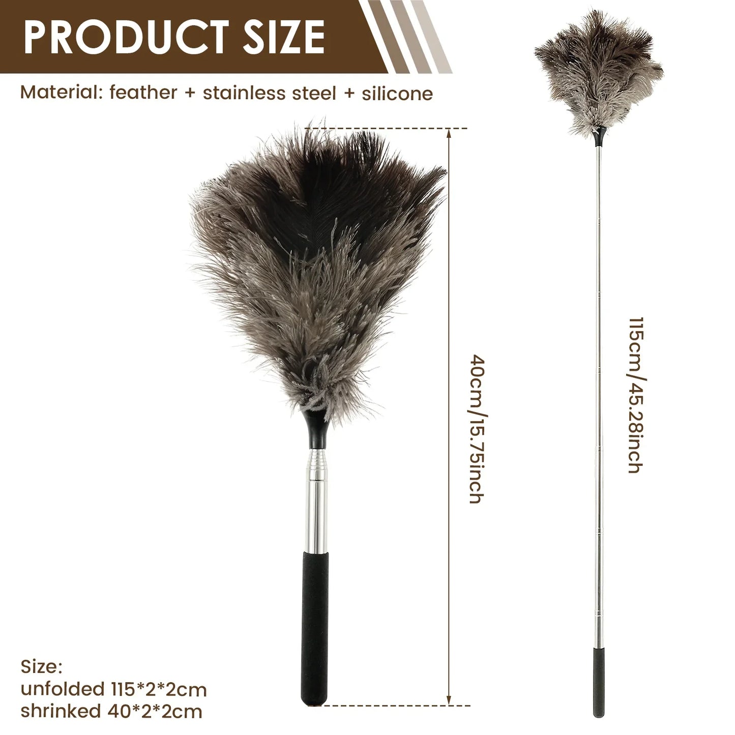 Extendable Ostrich Feather Duster – Long Stainless Steel Handle for Household Furniture Dust Cleaning
