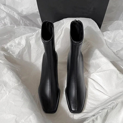 Vintage Warm Cotton Women’s Ankle Boots – Fashionable Square Toe, Elegant Autumn & Winter Short Booties with Thick Heel