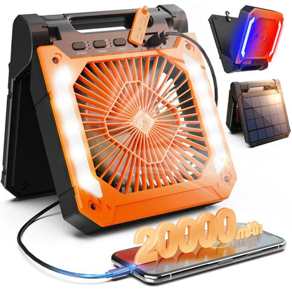 20000mAh Portable Electric Fan with LED Light — USB, Solar & Car Charging for Camping