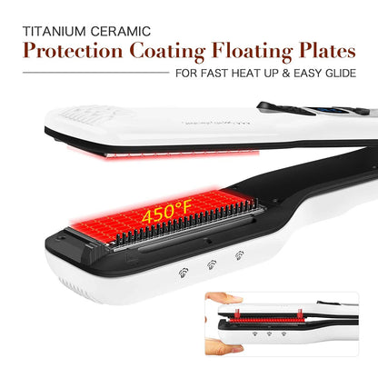 Professional Hair Straightener – Dual Voltage Titanium Curling Iron, Steam Flat Iron & Hot Hair Comb with Wide Plates
