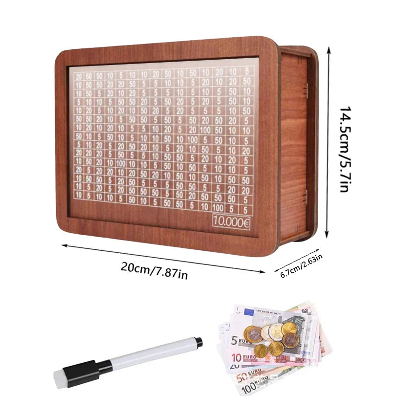 Wooden Money Box Piggy Bank – Cash Saving Treasure Coin Case for 1000/5000/10000 Euro – Encourages Saving Habit