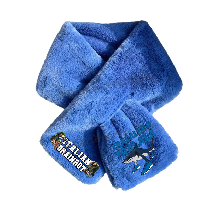 Italian Brainrot Plush Scarf – Kawaii Tralalero Neckerchief for Kids, Boys & Girls, Winter Warm Muffler, Children’s Bandelet Gift