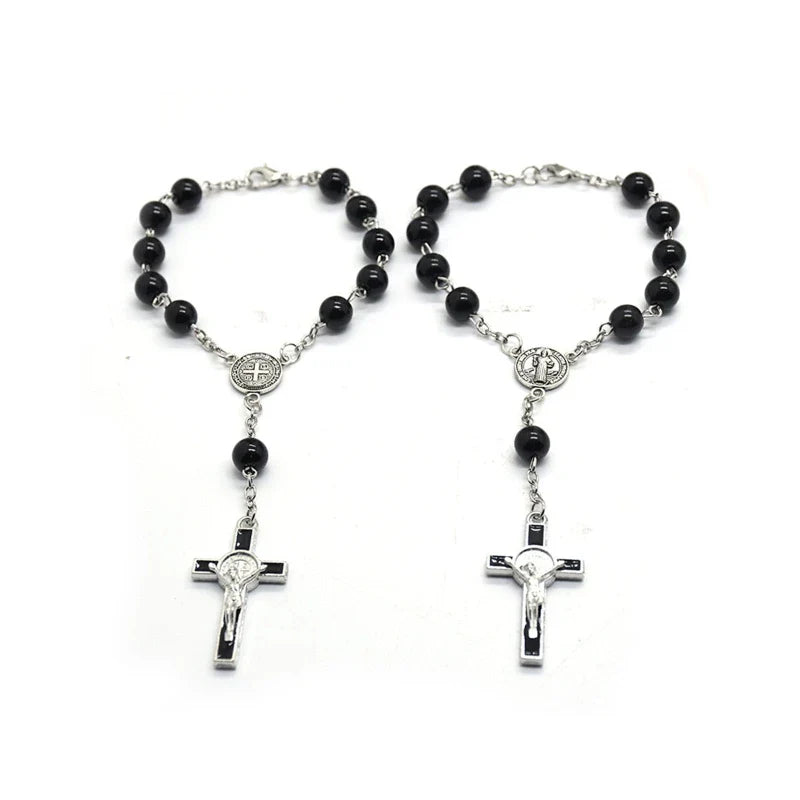 Exquisite Black Glass Rosary Cross Bracelet – Catholic Prayer Bead Jewelry, Religious Wrist Rosary for Faith & Spiritual Devotion