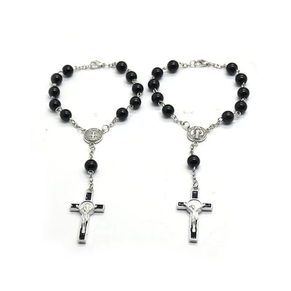 Exquisite Black Glass Rosary Cross Bracelet – Catholic Prayer Bead Jewelry, Religious Wrist Rosary for Faith & Spiritual Devotion