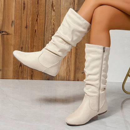 Pleated PU Women’s Fashion Boots – Casual Side-Zip Round Toe Flat High Solid Color Boots
