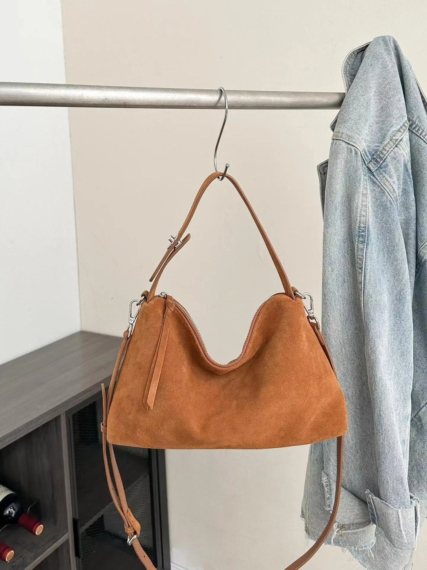 Simple Autumn Winter Grey & Brown Boston Tote — Soft Matte Suede Cow Leather Women's Shoulder Handbag